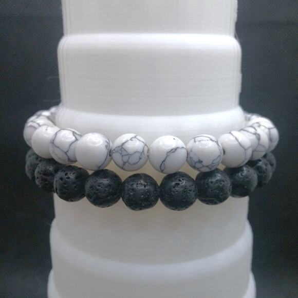 White Howlite Gemstone Bracelet Set of 2 Black Lava Stone Handmade Beaded NEW - Picture 8 of 11
